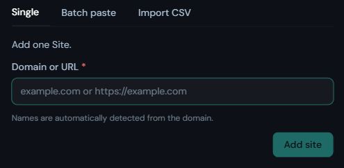 Flowpane Add Site controls: Single, Batch paste, Import CSV, Domain or URL and Add site