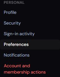 Flowpane Personal navigation: Profile, Security, Sign-in activity, Preferences, Notifications, Account and membership actions