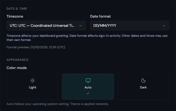 Flowpane Preferences controls: timezone, date format and Light, Auto or Dark appearance